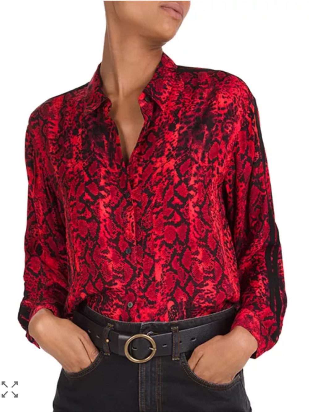 BA&SH red snake print Shirt Top button down with stripe detail in sleeves.
